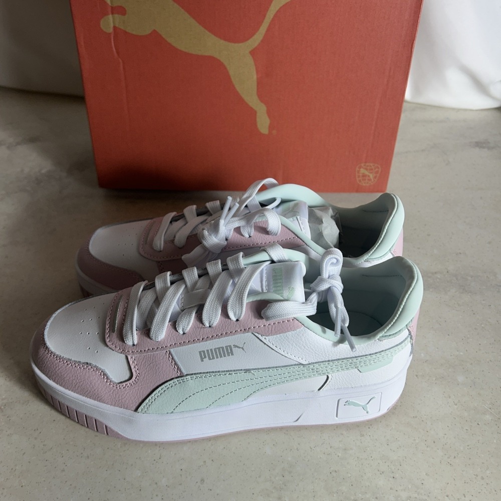 PUMA Kids Girls Carina Street Lace Up Sneakers Shoes Casual - White Pink Blue - Picture 4 of 8